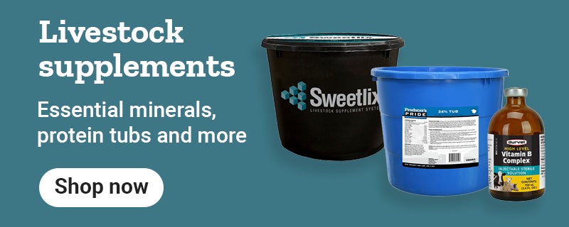 Banner showing mineral tubs and vitamin bottles with the text, shop livestock supplements at Tractor Supply.