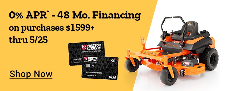 Financing banner alt text: Banner reading 0 percent APR 48 month financing on purchases 1599 dollars or more through May 25, featuring a mower, trailer, and Shop now link.