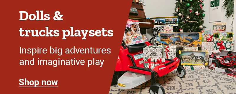 Dolls, trucks and playsets shown. Banner reads, dolls and trucks playsets. Inspire big adventures and imaginative play. Shop now.