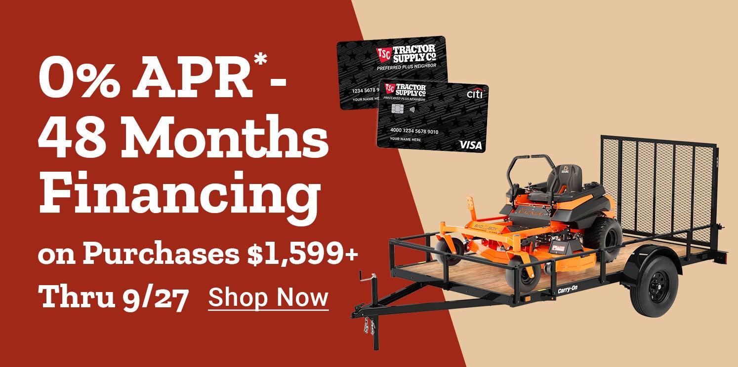 0% APR for 48-month financing on purchases of $1,599 or more through September 27 with a Tractor Supply credit card, featuring a zero-turn mower and utility trailer.