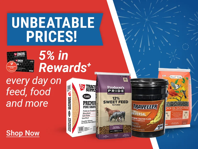 Tractor Supply Company promotion. Unbeatable price on Retriever dry dog food 50 pound bags now 24.99. Image shows Retriever Mini Chunk and Retriever Choice Chops dog food bags with patriotic fireworks background. Shop Now.