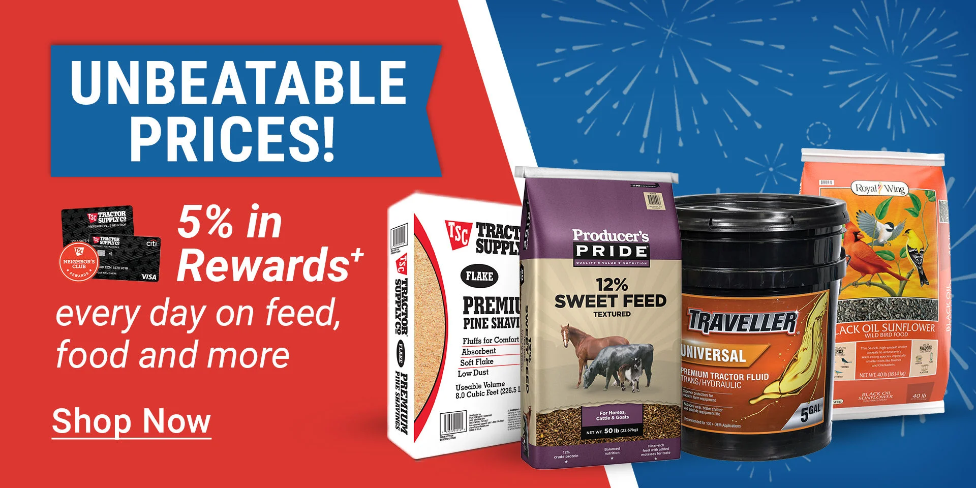 Tractor Supply Company promotion. Unbeatable price on Retriever dry dog food 50 pound bags now 24.99. Image shows Retriever Mini Chunk and Retriever Choice Chops dog food bags with patriotic fireworks background. Shop Now.