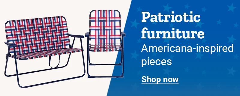 Banner reading Patriotic furniture, Americana inspired pieces for relaxing outside, featuring an outdoor bench and chair with a shop now button.