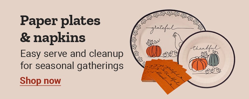 Promotional banner for paper plates and napkins. Easy serve and cleanup for seasonal gatherings. Shop now. 