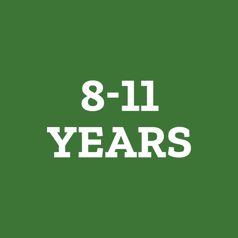 Green circle labeled 8-11 Years. Shop toys for ages 8 to 11 years.