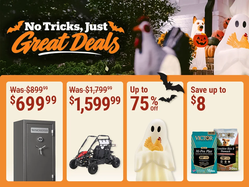 No Tricks, Just Great Deals: Winchester 40 Gun Safe now $699.99, save $200, plus up to $500 off gun safes. Save $1,000 on Racka Golf Cart, up to 75% off Halloween and fall decor starting at $1, and up to $8 on Victor dry dog food.