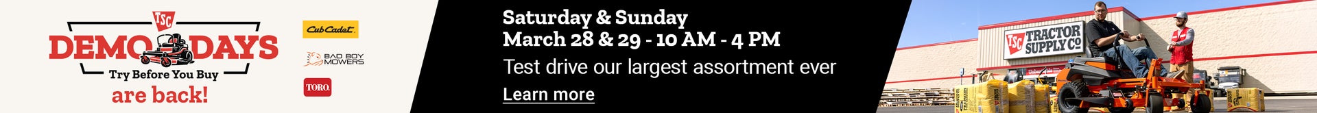 TSC Demo Days banner announcing March 28–29, 10 AM–4 PM, with Try Before You Buy and a Learn More button.