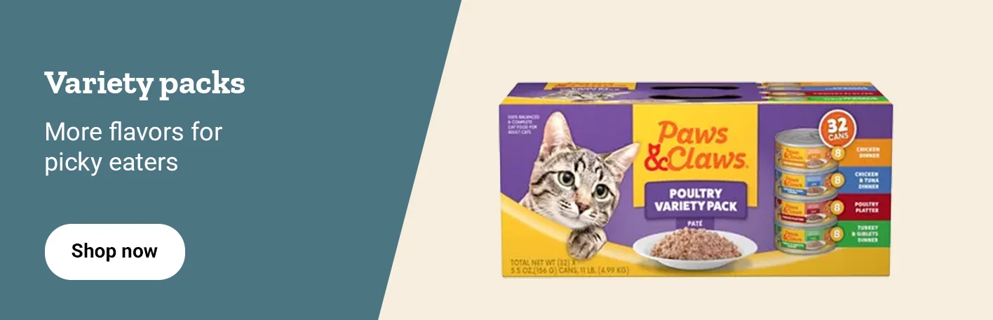 Promo banner for Paws & Claws variety packs. Shop now