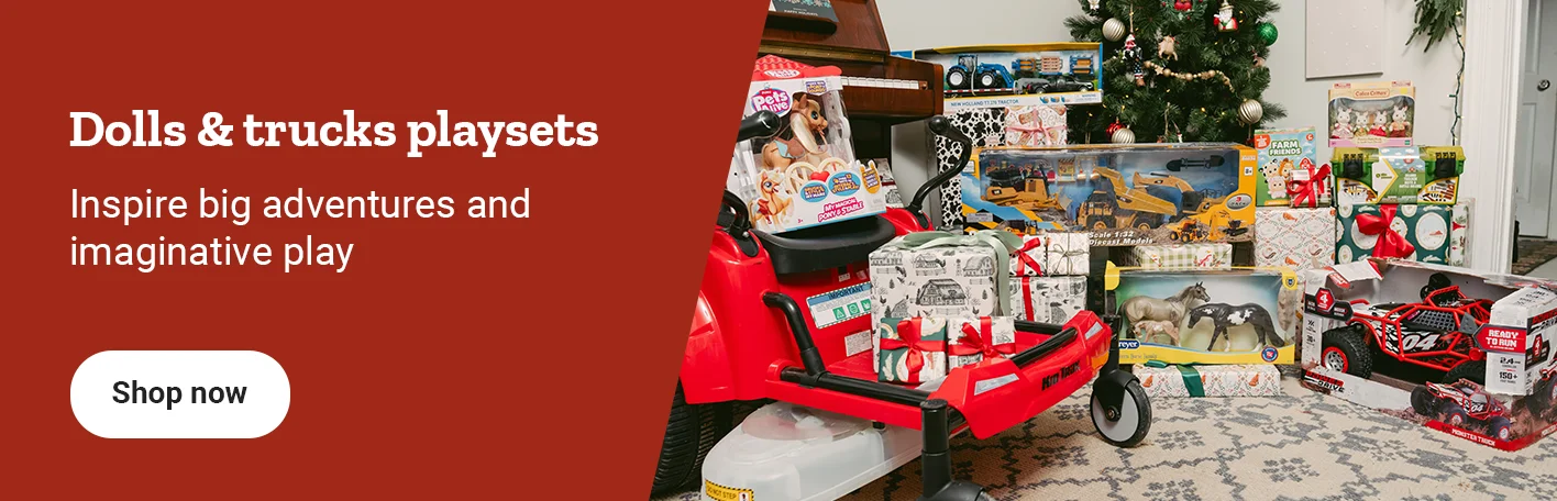 Dolls, trucks and playsets shown. Banner reads, dolls and trucks playsets. Inspire big adventures and imaginative play. Shop now.