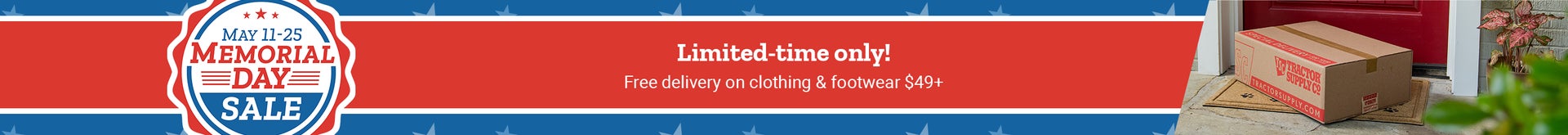 Promotional banner with text, Free delivery on clothing & footwear 49 dollars or more.