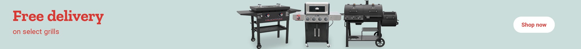 Promotional banner reading, free delivery on select grills. Shop now.