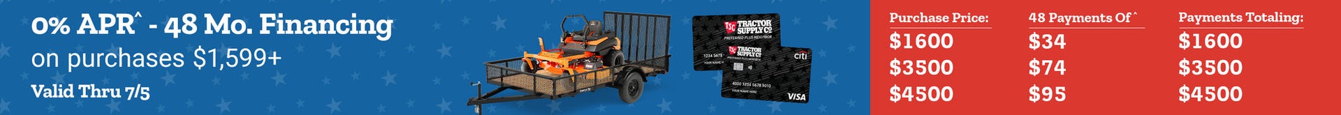 Banner with text, 0 percent APR 48 months financing on TSC purchases 1599 dollars or more, valid through April 26, featuring Tractor Supply credit cards.