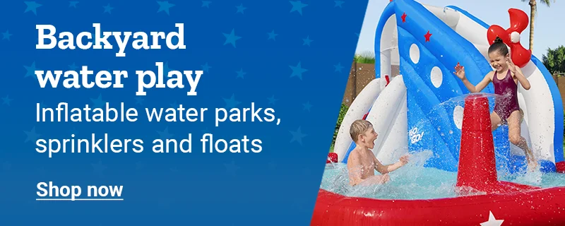 Banner reading Backyard water play, Inflatable water parks, sprinklers and floats, featuring children playing in an inflatable water slide with a shop now button.