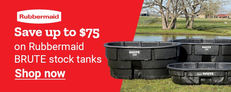 Rubbermaid promo banner with text, save up to 75 dollars on BRUTE stock tanks with a Shop now button.