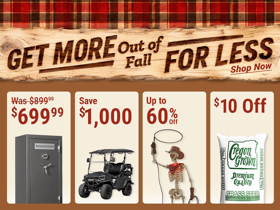 Get More Out of Fall for Less: Winchester 40 Gun Safe $699.99, save $200; Racka Golf Cart, save $1,000; Red Shed Halloween and fall decor up to 60% off, starting at $2; rye grass seed, $10 off.