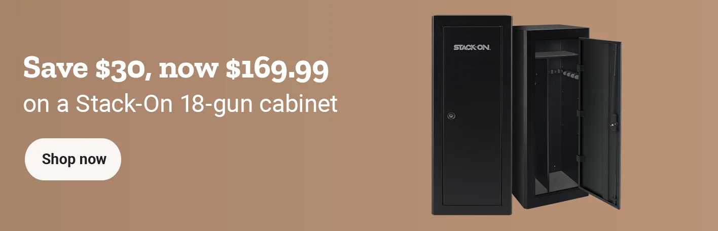Banner reading save 30 dollars, now 169.99, on a Stack-On 18-gun cabinet, featuring a Stack-On gun safe