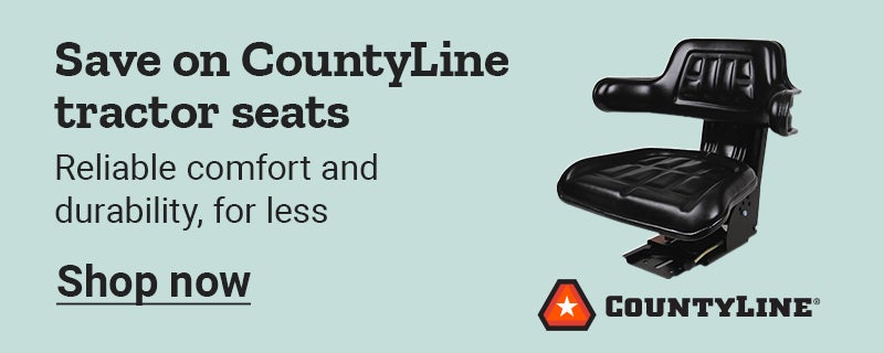 CountyLine promo banner for tractor seats with text, reliable comfort and durability and a Shop now button.