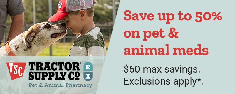 Banner reading, Save up to 50 percent on pet & animal meds, $60 max savings, exclusions apply*