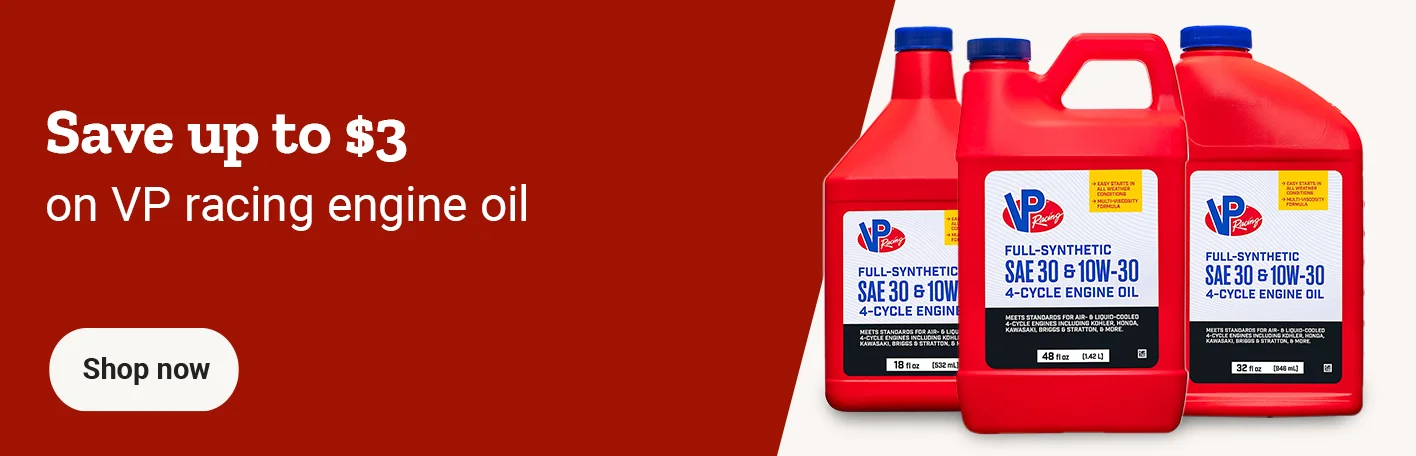 Banner reading save up to 3 dollars on VP racing engine oil, featuring engine oil containers and a shop now button.