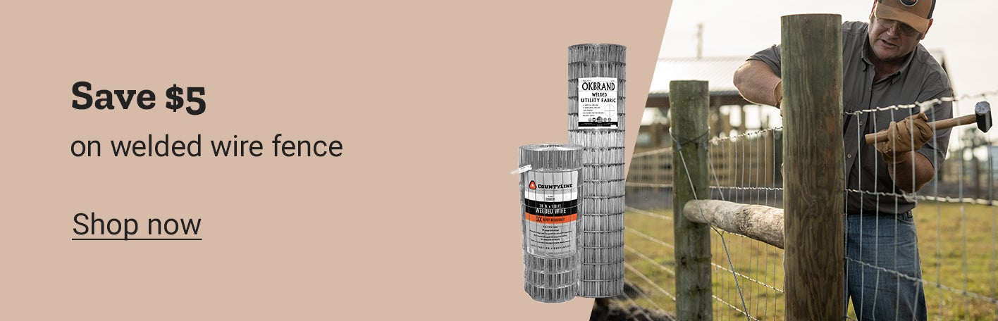 Banner reading Save 5 dollars on welded wire fence with a Shop now link and a man installing fence with wire rolls.
