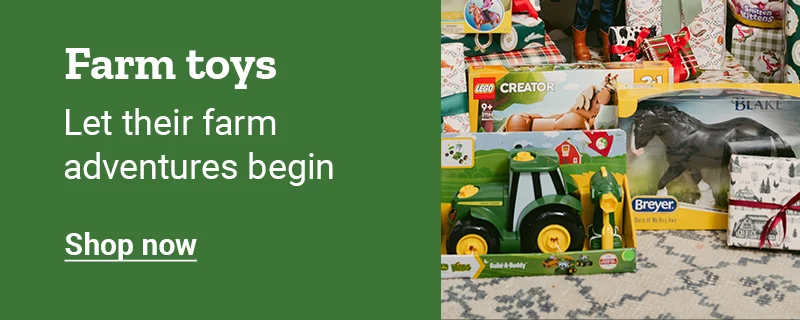 Farm toy sets and a toy tractor are shown. Banner reads, farm toys. Let their farm adventures begin. Shop now.
