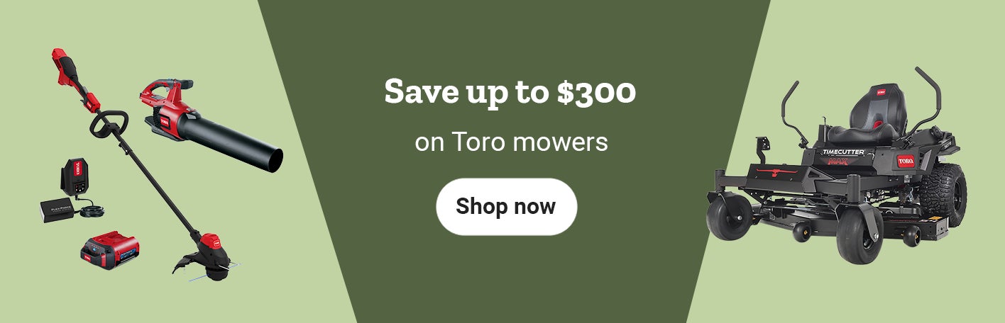 Promotional banner announcing save up to 300 dollars on Toro mowers and Shop now button. 