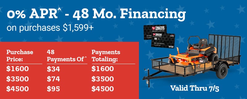 Banner with text, 0 percent APR 48 months financing on TSC purchases 1599 dollars or more, valid through April 26, featuring Tractor Supply credit cards.