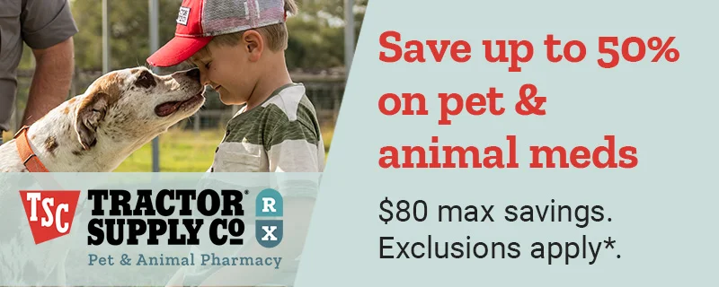 Banner reading, Save up to 50 percent on pet & animal meds, 80 dollars max savings, exclusions apply*
