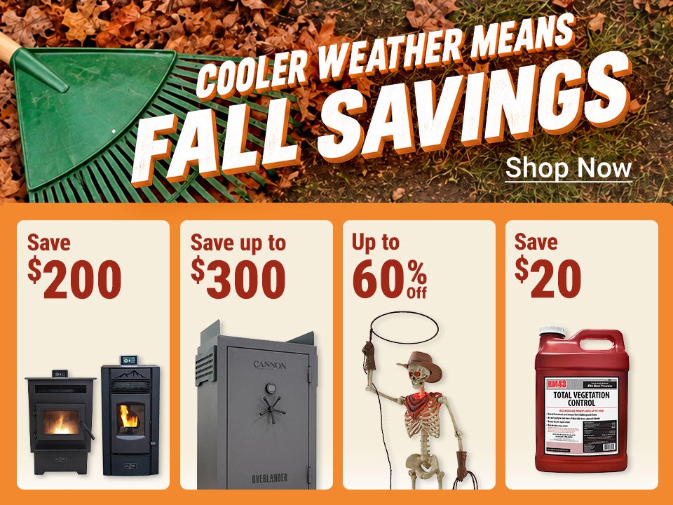 Cooler Weather Means Fall Savings: Grand Teton Collection Pellet Stoves now $1,099.99, save $200; Cannon Overlander 64 Gun Safe now $999.99, save $300, with up to $300 off gun safes; up to 60% off Red Shed Halloween and fall decor starting at $2.79; and s