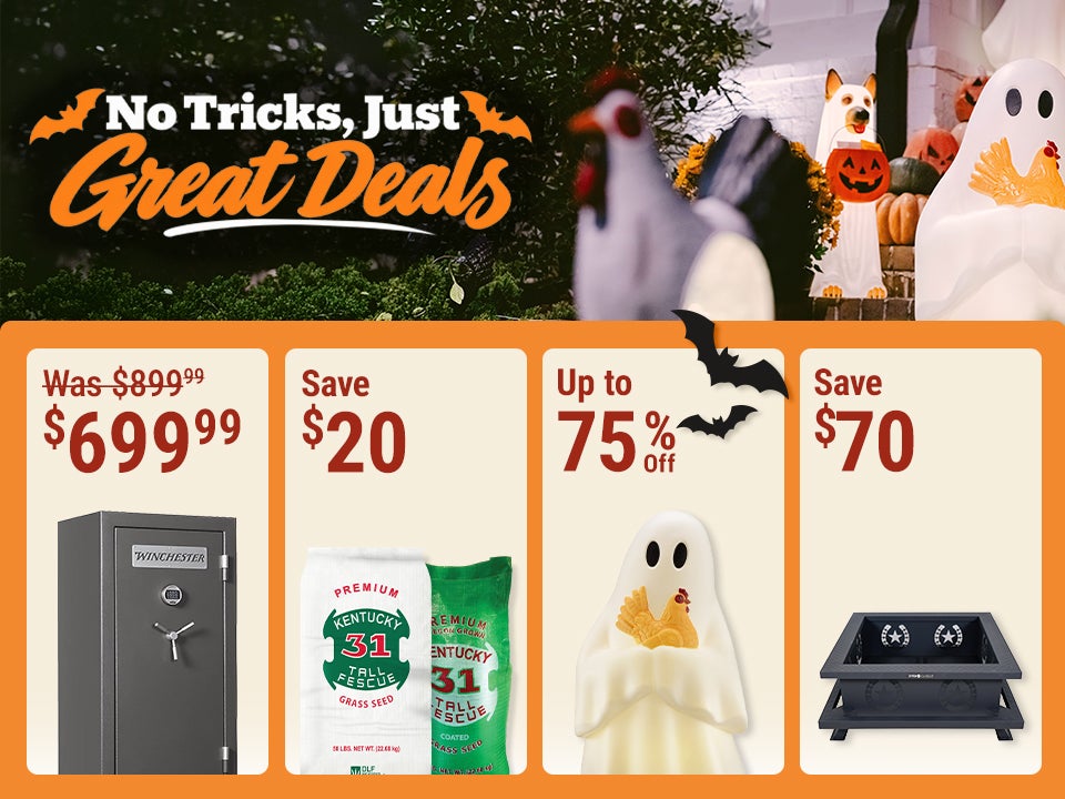 No Tricks, Just Great Deals: Winchester 40 Gun Safe now $699.99, save $200, plus up to $500 off gun safes. Save $20 on K31 grass seed, up to 75% off Halloween and fall decor starting at $1, and $70 on Even Embers Fire Pit.
