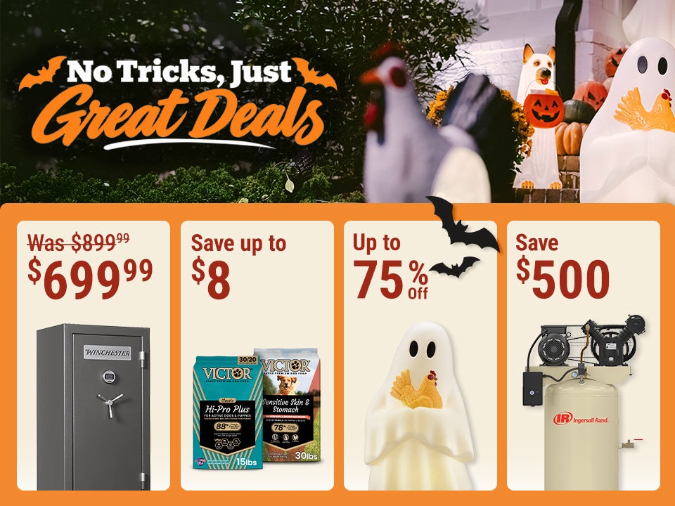 No Tricks, Just Great Deals: Winchester 40 Gun Safe now $699.99, save $200, plus up to $500 off gun safes. Save $3 on cattle fence panels, up to 75% off Halloween and fall decor starting at $1, and $500 on Ingersoll Rand 80-gallon air compressor.