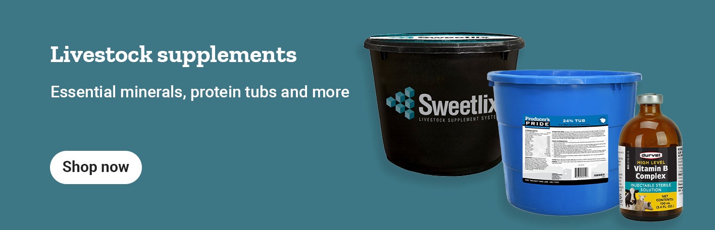Banner showing mineral tubs and vitamin bottles with the text, shop livestock supplements at Tractor Supply.