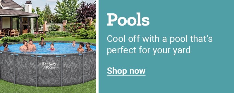 Promotional banner reading, Cool off with a pool that's perfect for your yard. Shop now.