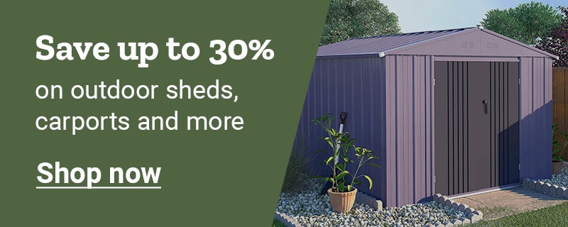 Banner reading Save up to 30 percent on outdoor sheds, carports and more, featuring a storage shed and a Shop now link.