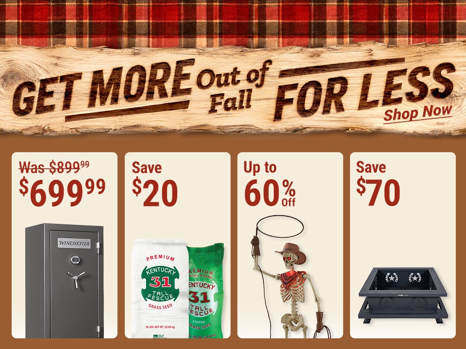 Get More Out of Fall for Less: Winchester 40 Gun Safe $699.99, save $200; K31 Tall Fescue Grass Seed, save $20; Red Shed Halloween and fall decor up to 60% off, starting at $2; Even Embers Fire Pit, save $70.
