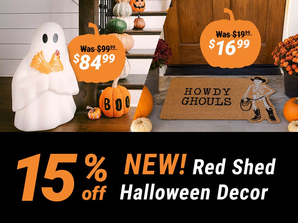 Save 15% on new Red Shed Halloween decor, including a ghost chicken decoration now $84.99, Howdy Ghouls skeleton cowboy doormat now $16.99, and skeleton goose decoration now $50.99.
