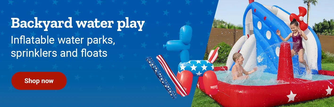 Banner reading Backyard water play, Inflatable water parks, sprinklers and floats, featuring children playing in an inflatable water slide with a shop now button.