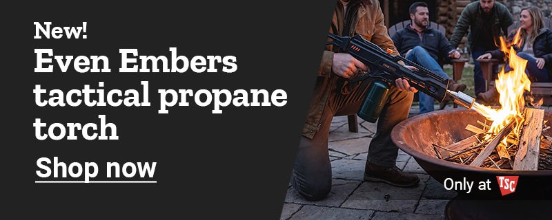 Banner reading New! Even Embers tactical propane torch, featuring people around a fire pit and a Shop now link.