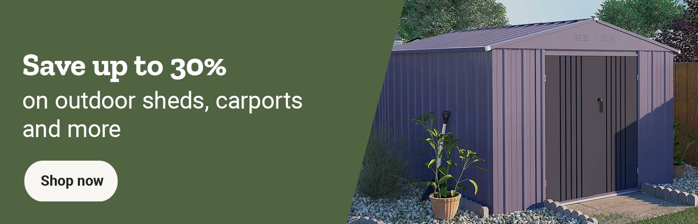 Banner reading Save up to 30 percent on outdoor sheds, carports and more, featuring a storage shed and a Shop now link.