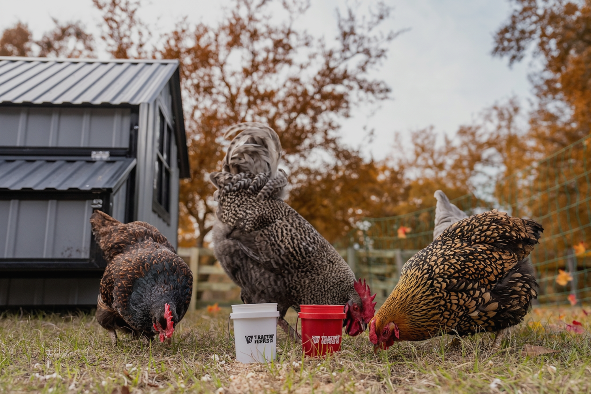 Chickens are shown near a coop in fall. Banner reads, from cold-weather coop needs to molting help, find it here. Shop now.