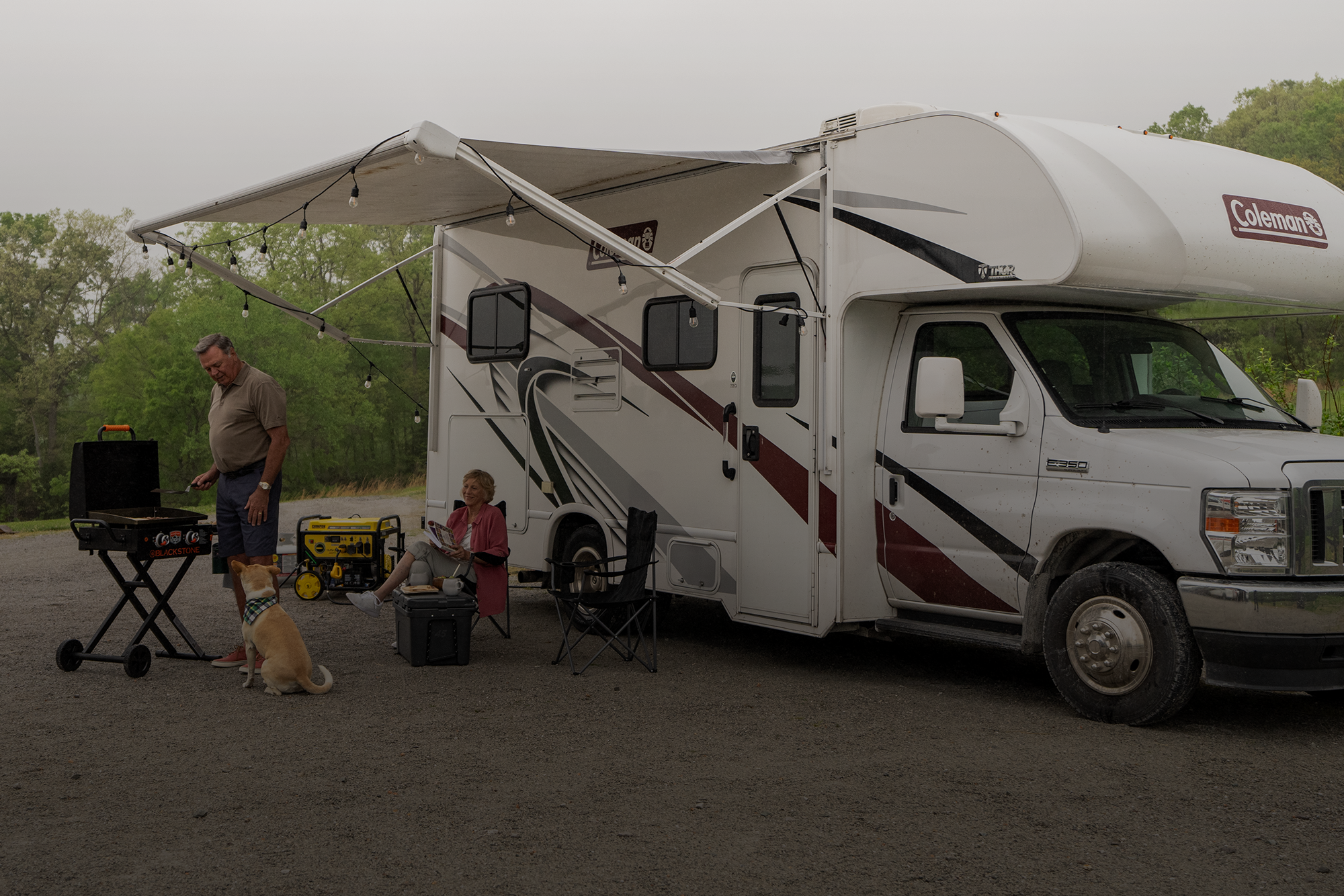 Shop the look featuring RV adventure ready setup with an RV, outdoor grill, generator, and camping gear, and a Learn more button.