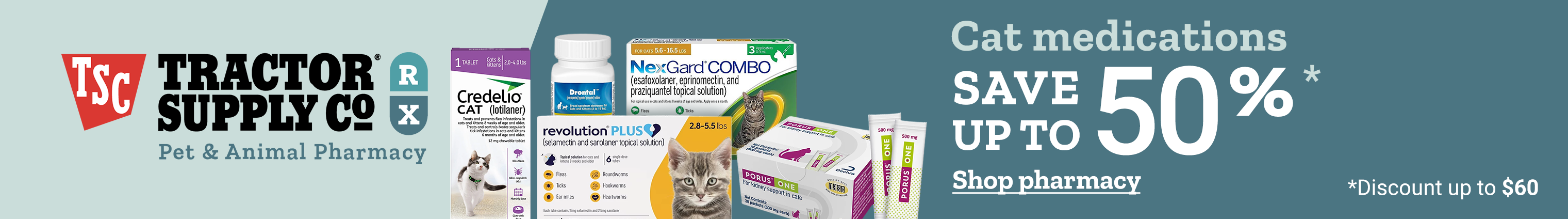 Cat medications are shown. Banner reads, save up to 50 percent on cat medications. Discount up to 60 dollars. Shop pharmacy.
