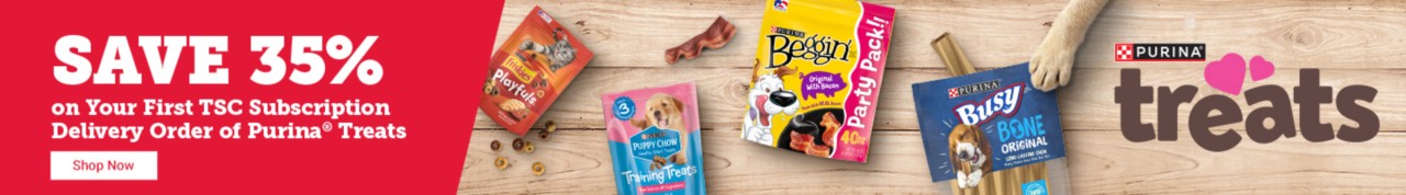 Save 35% on your first TSC subscription Delivery Order of Purina Treats. Shop Now