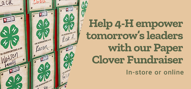Help 4-H empower tomorrows leaders with our paper clover fundraiser. In store or online