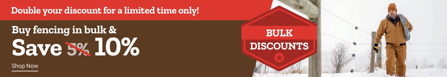 Tractor Supply Company promotion. Double your discount for a limited time. Buy fencing in bulk and save 10 percent. Image shows a man working on fencing in the snow carrying wire. Bulk Discounts badge displayed. Shop Now button included.