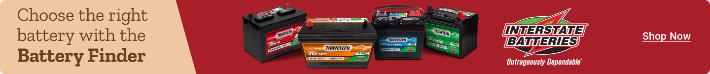 Tractor Supply Company promotion. Choose the right battery with the Battery Finder. Image shows Traveller automotive batteries, Interstate Batteries logo, and Shop Now button.