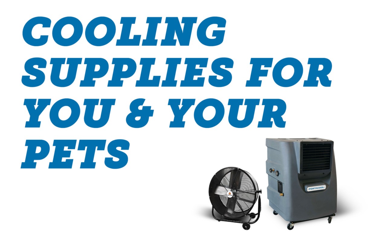 Blue words saying “cooling supplies for you and your pets” next to images of fan and cooling unit