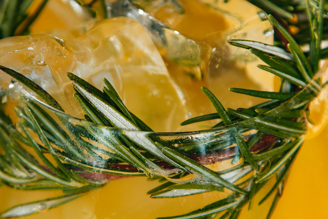 Image of a rosemary spring in a glass of juice.