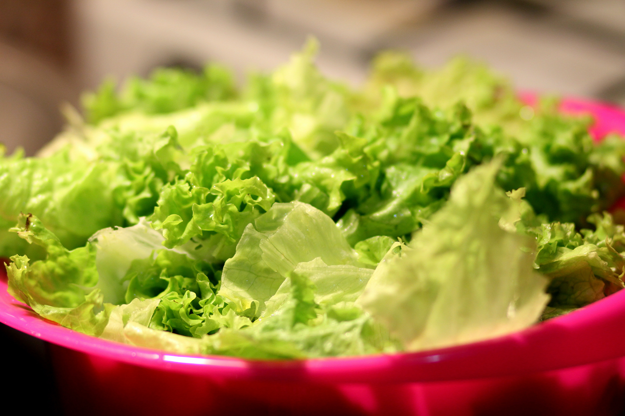 Image of chopped romaine lettuce in a red bowl.
