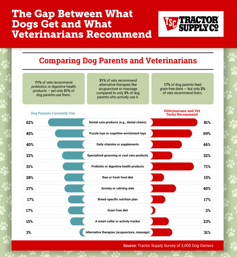Bar chart: dog products owners use vs. vets recommend—biggest gap: probiotics (31% used vs. 71% recommended).